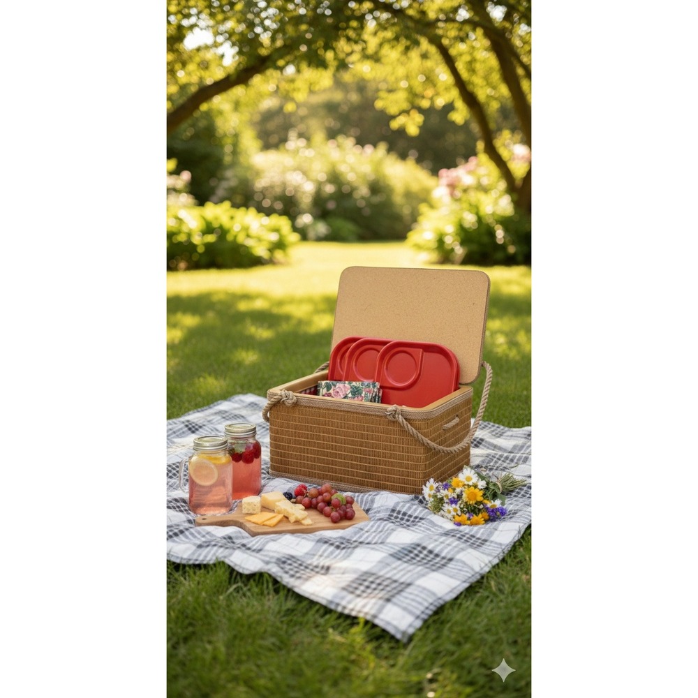 Vintage Burlington Hawkeye Picnic Basket Woven Rope Handles Red Gingham 3 Trays